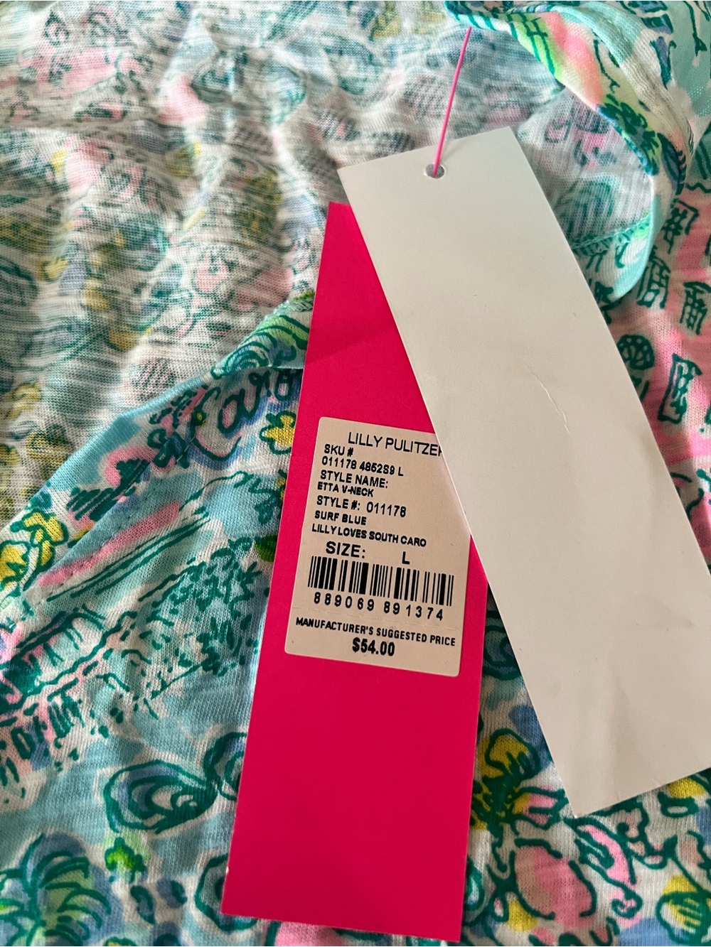 Lilly Pulitzer Surf Blue Floral V-Neck Tee with Pink Accents - SC print - Picture 2 of 2